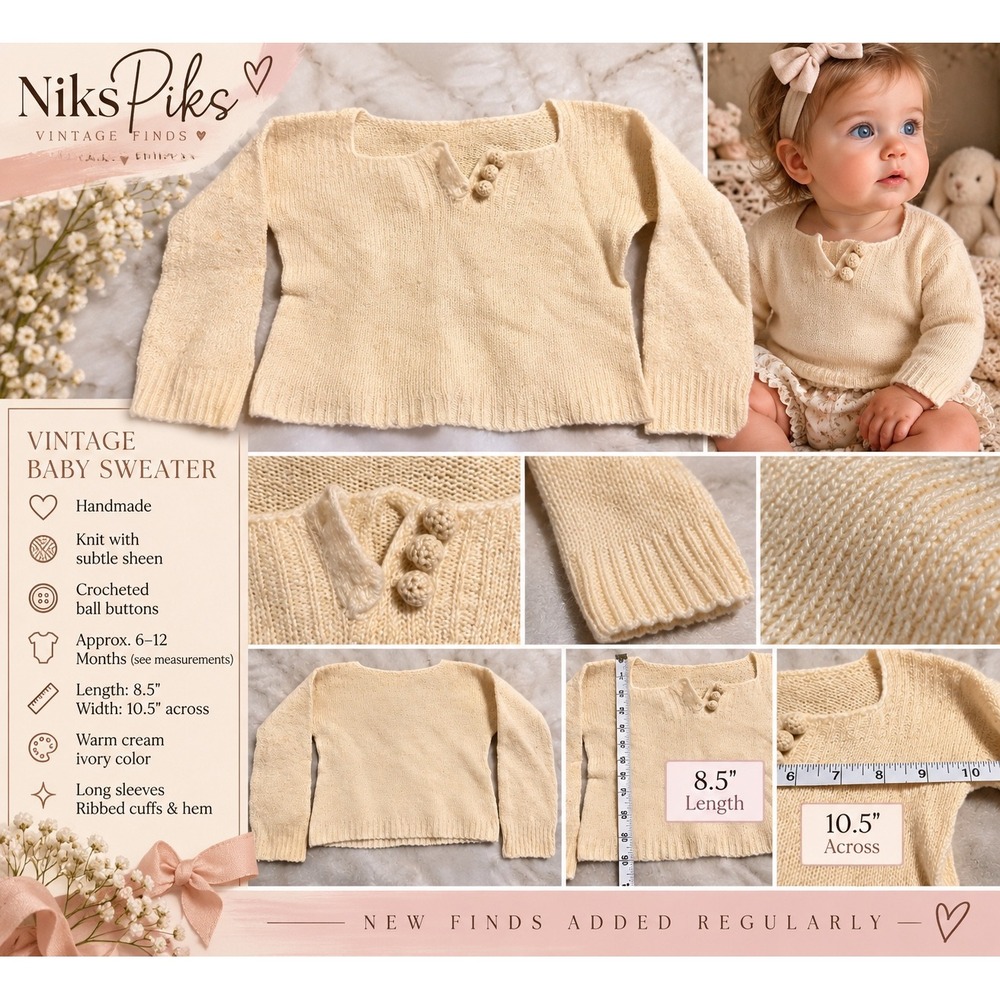 Vintage Handmade Baby Sweater Cream Ivory Knit Crochet Button Cardigan